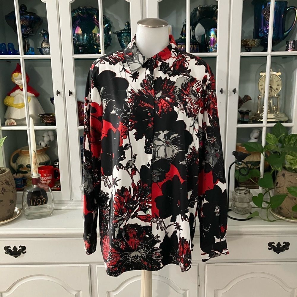 Jones New York Red White Black Gray Blouse Size 12